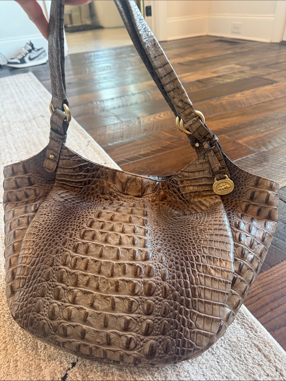 Brahmin Taupe Croc-Embossed Leather Shoulder Hobo with Gold Medallion